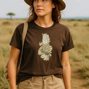 Vtg USA Brown Leopard Graphic Tee XL Retro 90s T-shirt Blouse Casual Animal Prin